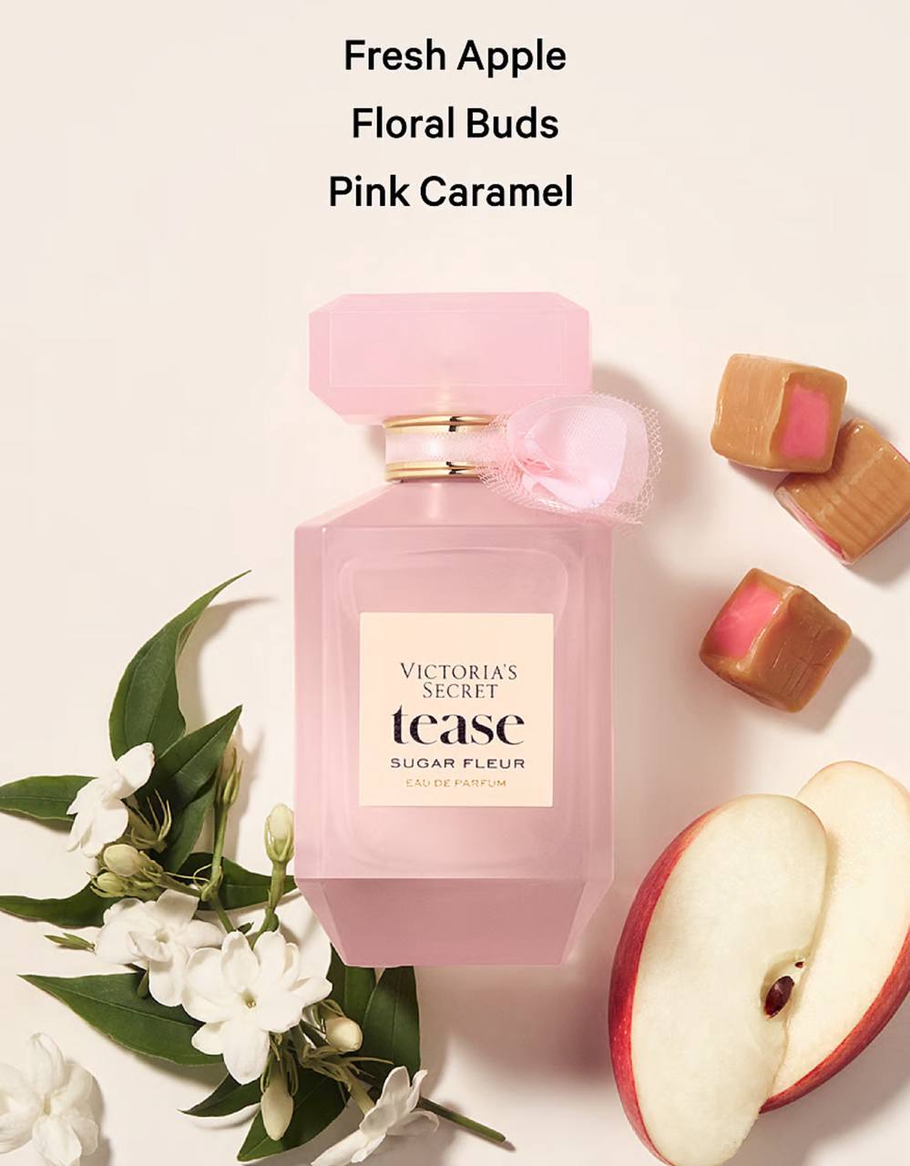 ویکتوریا سکرت Tease Sugar Fleur ادوپرفیوم شیرین، نمای نزدیک بسته‌بندی — دارامُد