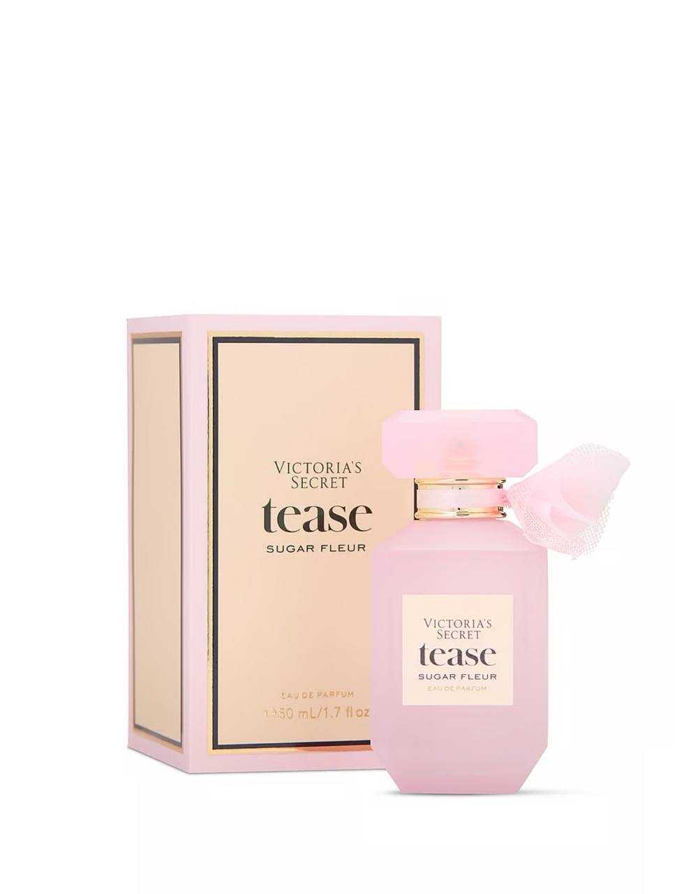 ویکتوریا سکرت Tease Sugar Fleur ادوپرفیوم ۵۰ میلی‌لیتر، نمای جعبه و بطری — دارامُد