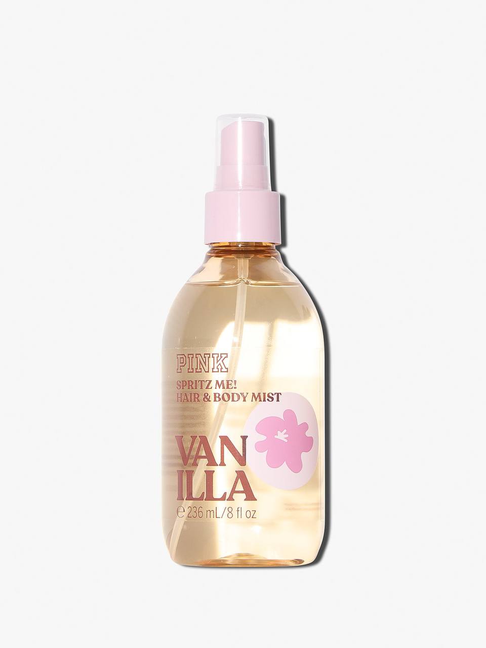 پینک Vanilla اسپری بدن و مو ۲۳۶ میلیلیتری، نمای کامل بطری — دارامُد