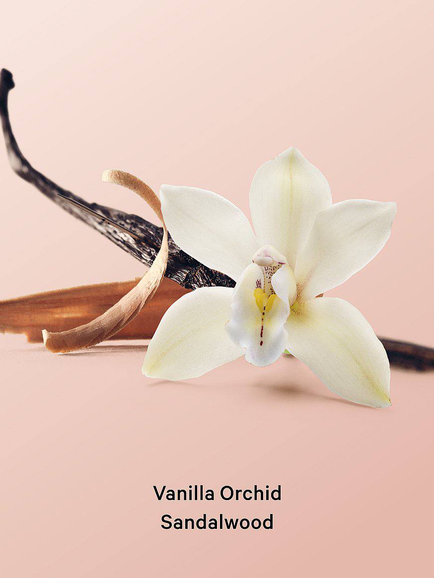 ویکتوریا سکرت روغن بدن Vanilla Orchid Sandalwood نمای برچسب و رایحه چوب صندل — دارامُد