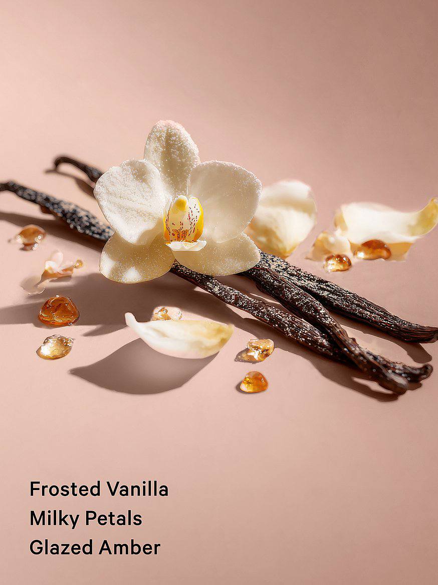 ویکتوریا سکرت Frosted Vanilla fantasy بادی میست، نمای برچسب و جزئیات بسته‌بندی — دارامُد