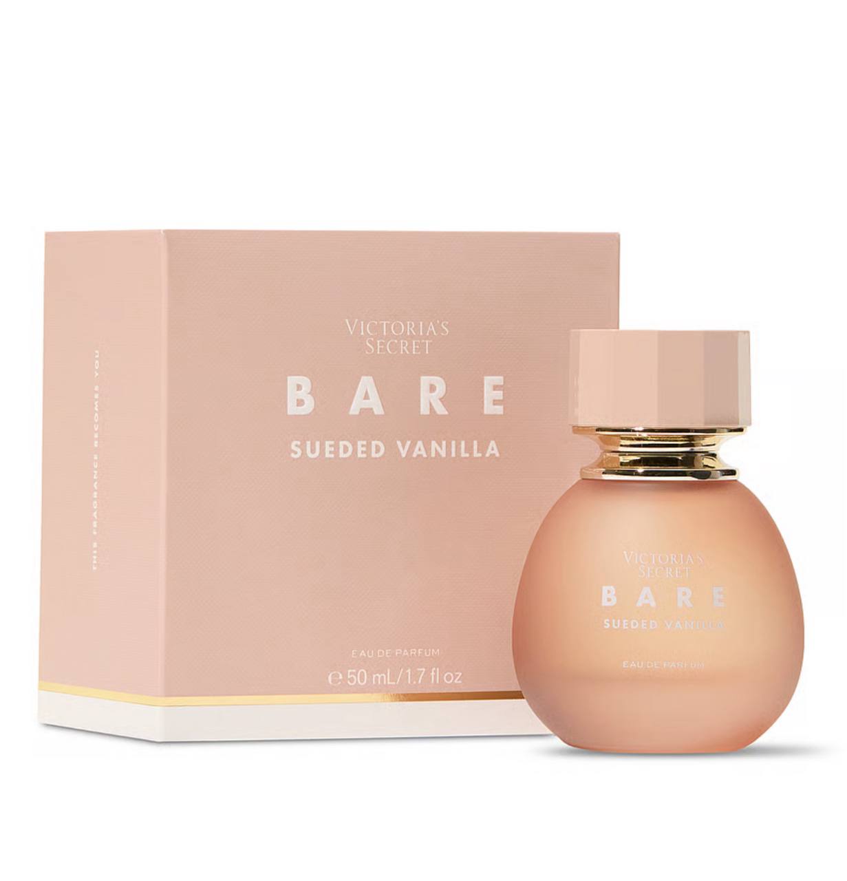 ویکتوریا سکرت Bare sueded vanilla، نمای کناری بطری در کنار جعبه — دارامُد