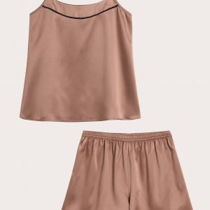 تاپ و شلوارک ساتن نسکافه ای