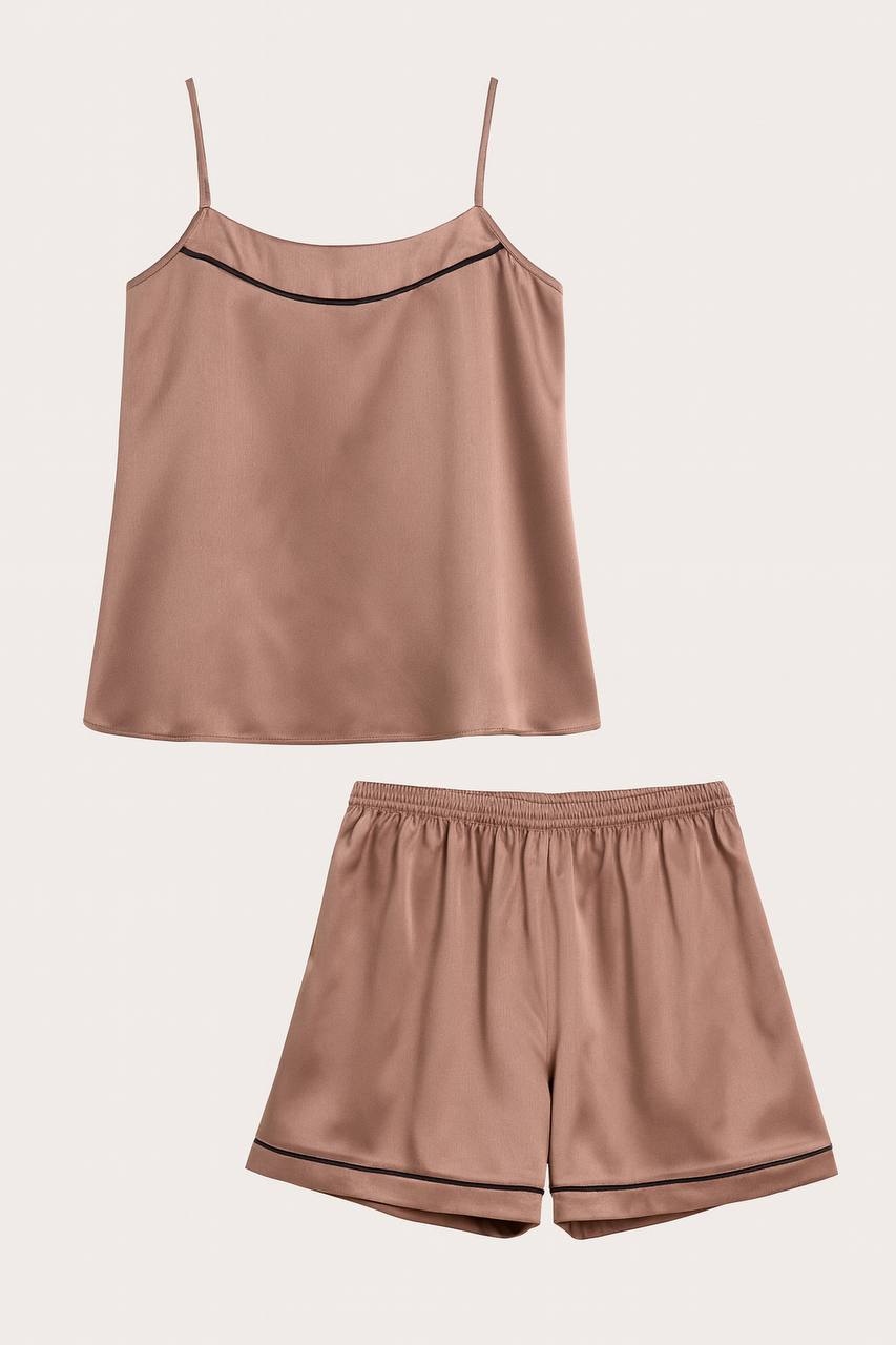 تاپ و شلوارک ساتن نسکافه ای